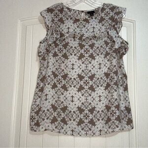 Georgette‎ Blouse Flutter Sleeve Size M Taupe White Feminine Cottagecore Twee